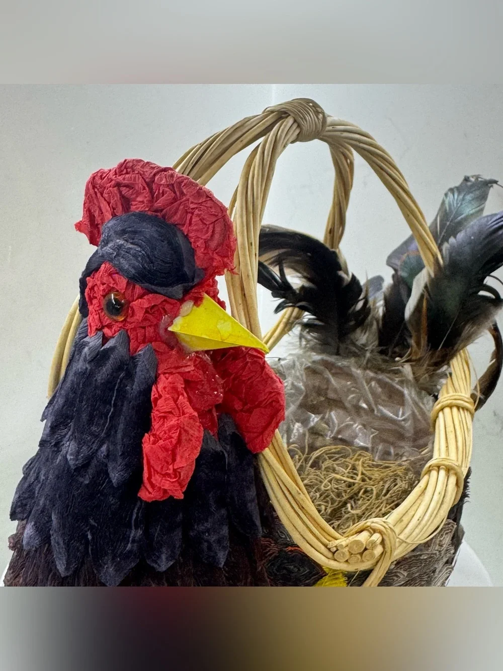 Vintage Handcrafted Rooster Wicker Basket Centerpiece Feather Country Farmhouse